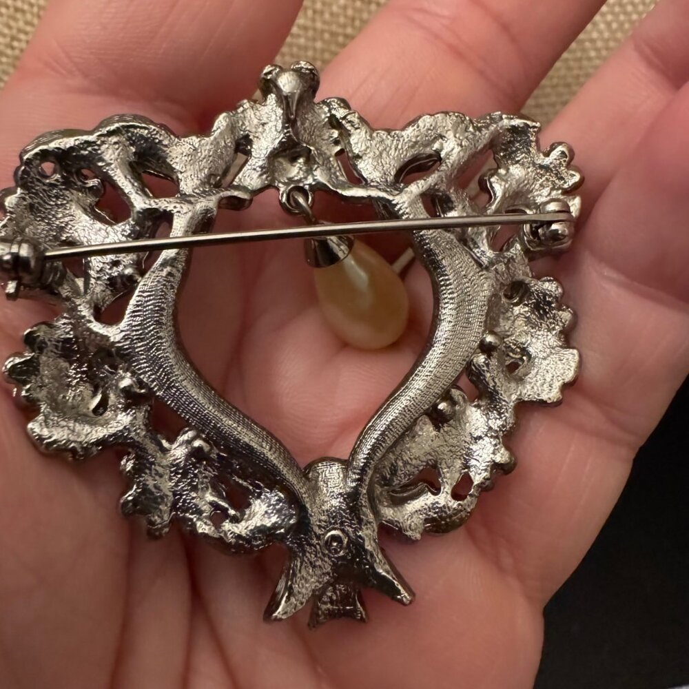 Antique-Style Silver Floral Brooch With Dangling Faux Pearl Accent - Picture 9 of 9